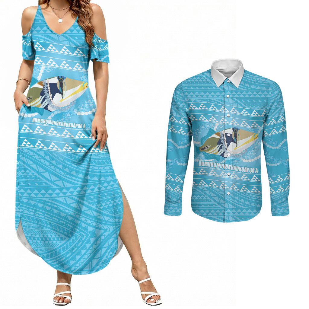 Aloha Hawaii Humuhumu Reef Triggerfish Couples Matching Summer Maxi Dress and Long Sleeve Button Shirt Hawaiian Leis Kakau Pattern LT14 Blue - Polynesian Pride