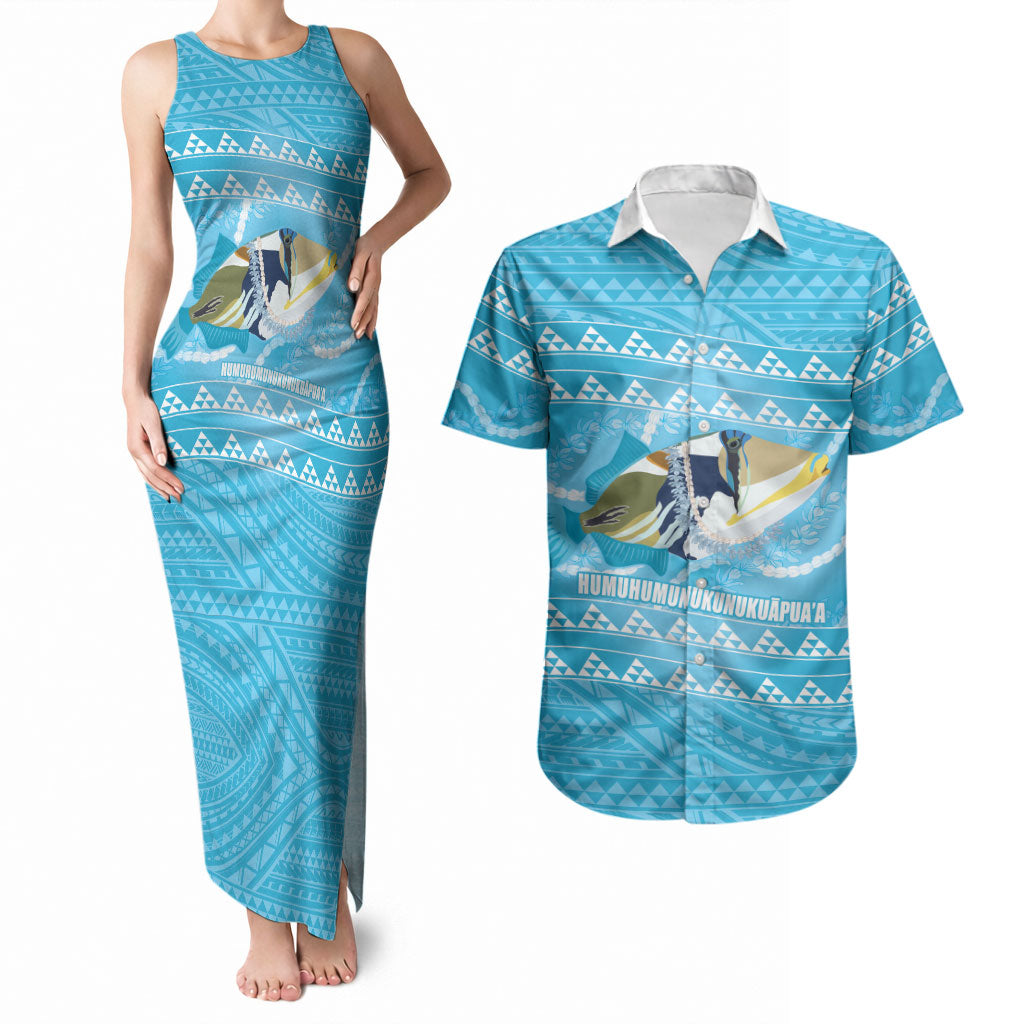 Aloha Hawaii Humuhumu Reef Triggerfish Couples Matching Tank Maxi Dress and Hawaiian Shirt Hawaiian Leis Kakau Pattern LT14 Blue - Polynesian Pride