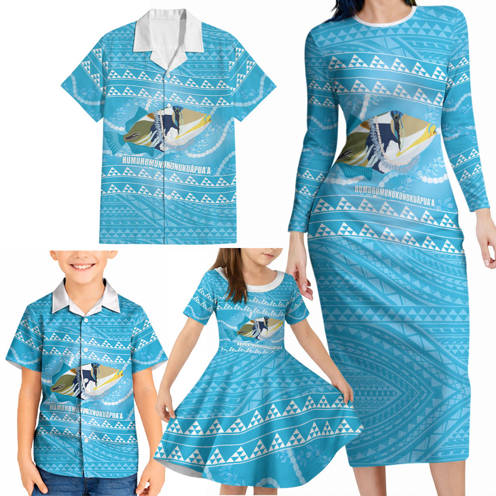 Aloha Hawaii Humuhumu Reef Triggerfish Family Matching Long Sleeve Bodycon Dress and Hawaiian Shirt Hawaiian Leis Kakau Pattern LT14 - Polynesian Pride