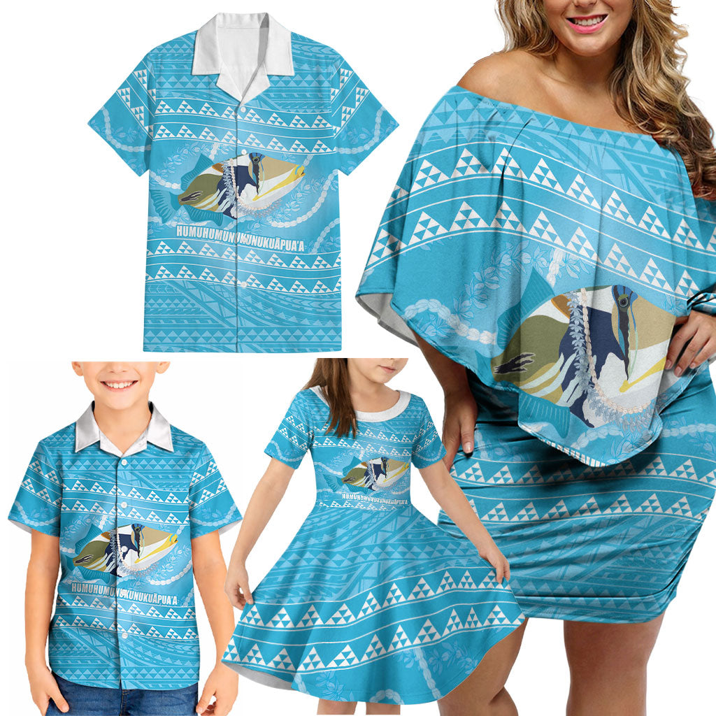 Aloha Hawaii Humuhumu Reef Triggerfish Family Matching Off Shoulder Short Dress and Hawaiian Shirt Hawaiian Leis Kakau Pattern LT14 - Polynesian Pride