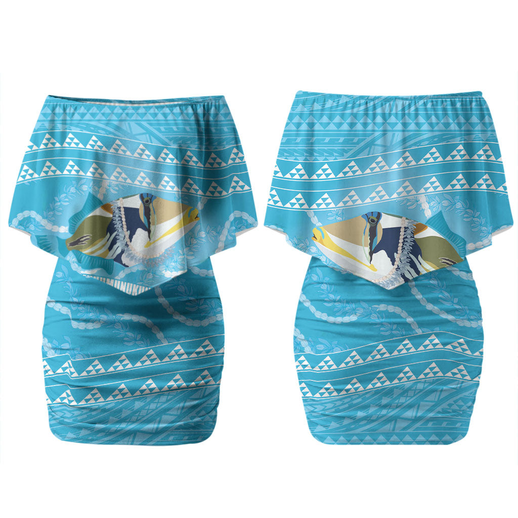 Aloha Hawaii Humuhumu Reef Triggerfish Family Matching Off Shoulder Short Dress and Hawaiian Shirt Hawaiian Leis Kakau Pattern LT14 Mom's Dress Blue - Polynesian Pride