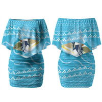 Aloha Hawaii Humuhumu Reef Triggerfish Family Matching Off Shoulder Short Dress and Hawaiian Shirt Hawaiian Leis Kakau Pattern LT14 Mom's Dress Blue - Polynesian Pride