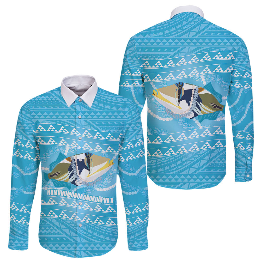 Aloha Hawaii Humuhumu Reef Triggerfish Family Matching Off Shoulder Short Dress and Hawaiian Shirt Hawaiian Leis Kakau Pattern LT14 Dad's Shirt - Long Sleeve Blue - Polynesian Pride