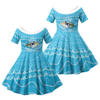 Aloha Hawaii Humuhumu Reef Triggerfish Family Matching Off Shoulder Short Dress and Hawaiian Shirt Hawaiian Leis Kakau Pattern LT14 Daughter's Dress Blue - Polynesian Pride