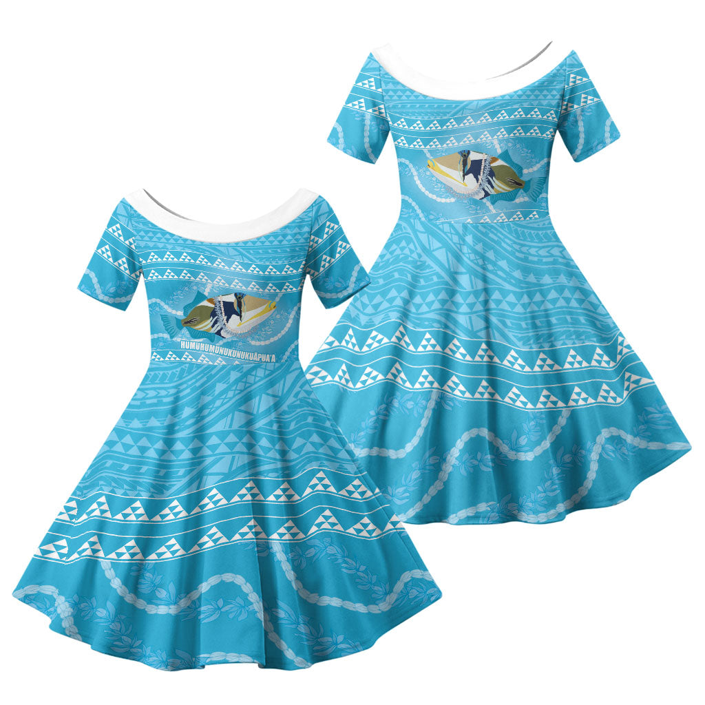 Aloha Hawaii Humuhumu Reef Triggerfish Family Matching Puletasi and Hawaiian Shirt Hawaiian Leis Kakau Pattern LT14 Daughter's Dress Blue - Polynesian Pride