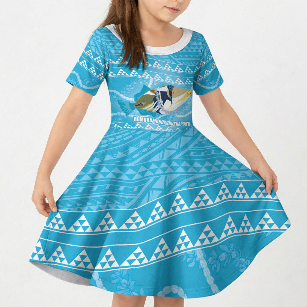 Aloha Hawaii Humuhumu Reef Triggerfish Kid Short Sleeve Dress Hawaiian Leis Kakau Pattern LT14 KID Blue - Polynesian Pride