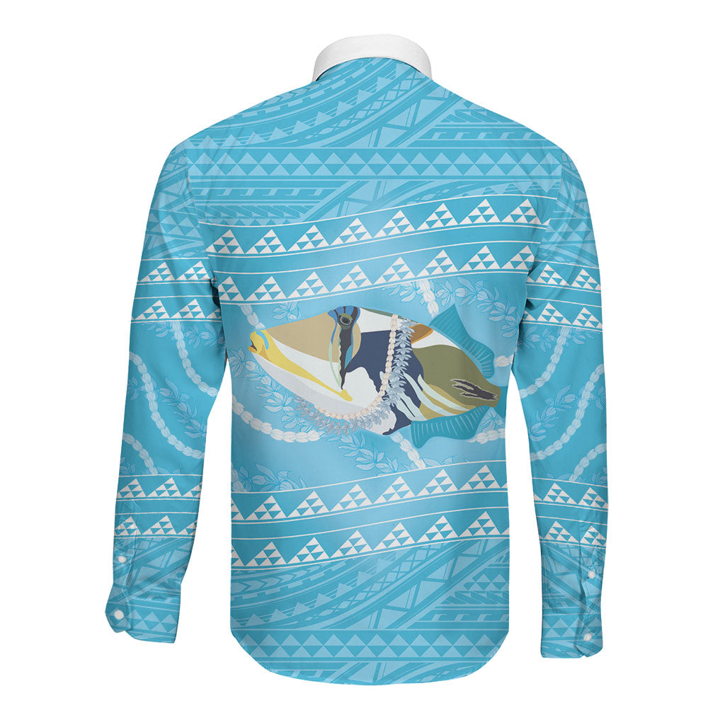 Aloha Hawaii Humuhumu Reef Triggerfish Long Sleeve Button Shirt Hawaiian Leis Kakau Pattern LT14 - Polynesian Pride