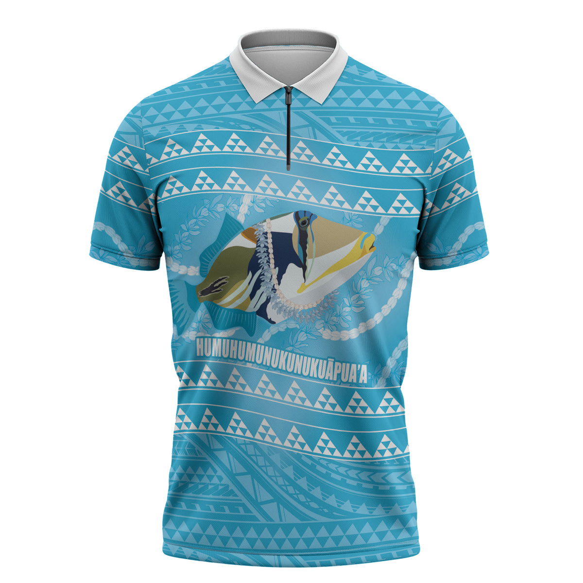 Aloha Hawaii Humuhumu Reef Triggerfish Zipper Polo Shirt Hawaiian Leis Kakau Pattern LT14 Blue - Polynesian Pride