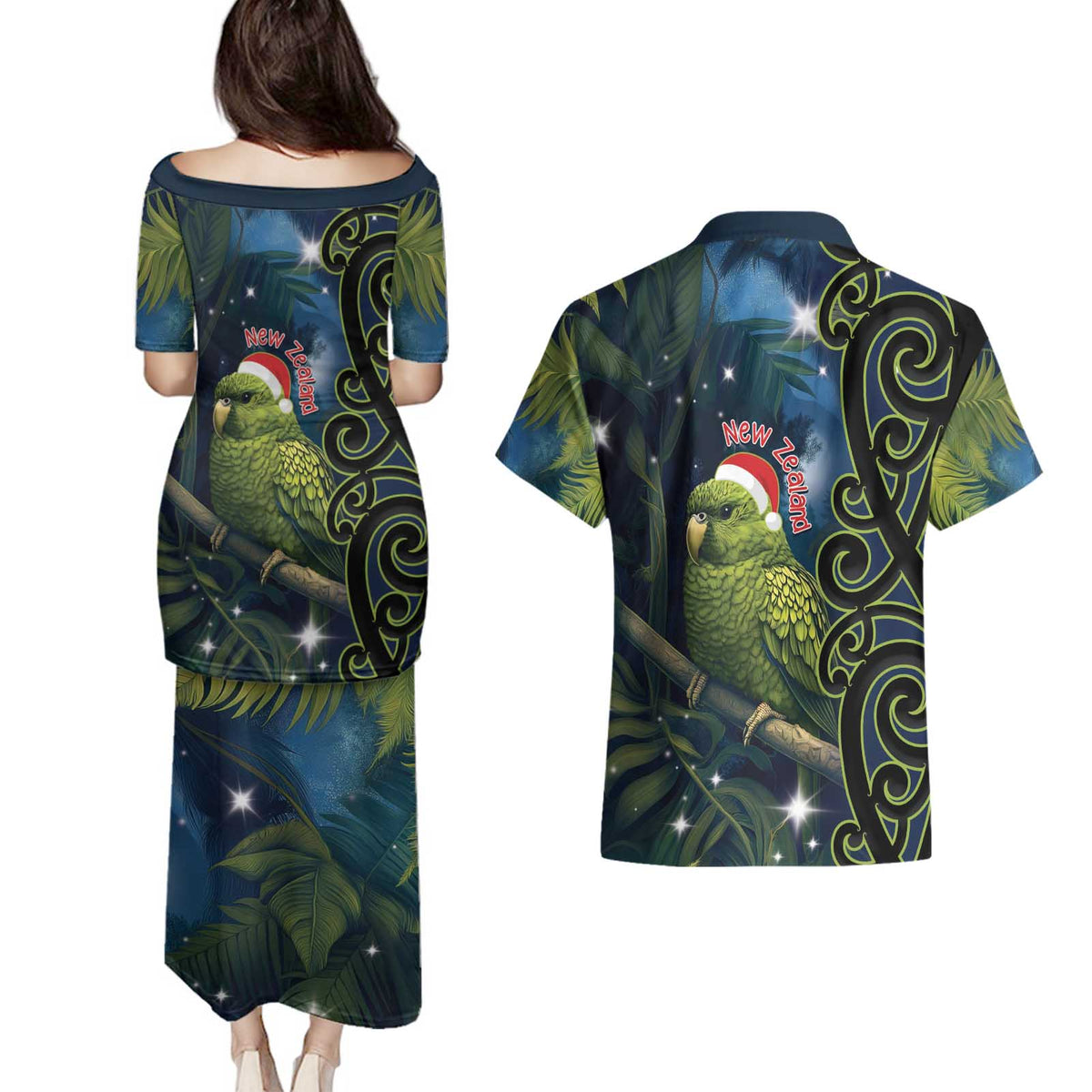 New Zealand Christmas Couples Matching Puletasi and Hawaiian Shirt Cute Kakapo Meri Kirihimete Maori Koru