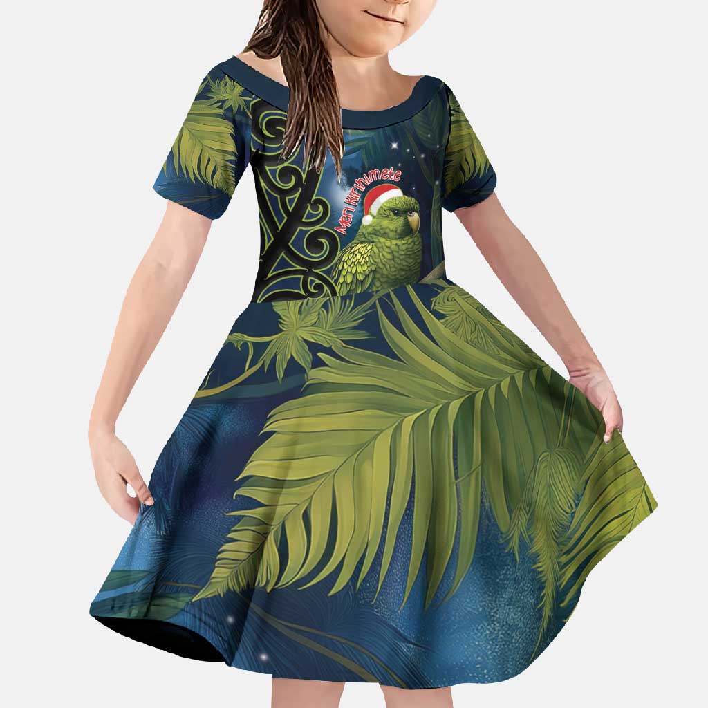New Zealand Christmas Family Matching Tank Maxi Dress and Hawaiian Shirt Cute Kakapo Meri Kirihimete Maori Koru LT14 Daughter's Dress Blue - Polynesian Pride
