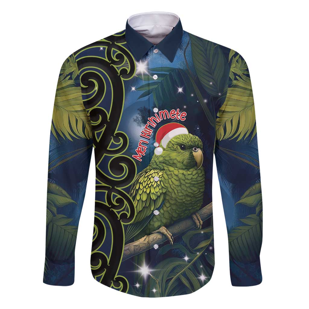 New Zealand Christmas Family Matching Tank Maxi Dress and Hawaiian Shirt Cute Kakapo Meri Kirihimete Maori Koru LT14 Dad's Shirt - Long Sleeve Blue - Polynesian Pride