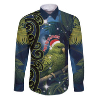 New Zealand Christmas Family Matching Tank Maxi Dress and Hawaiian Shirt Cute Kakapo Meri Kirihimete Maori Koru LT14 Dad's Shirt - Long Sleeve Blue - Polynesian Pride