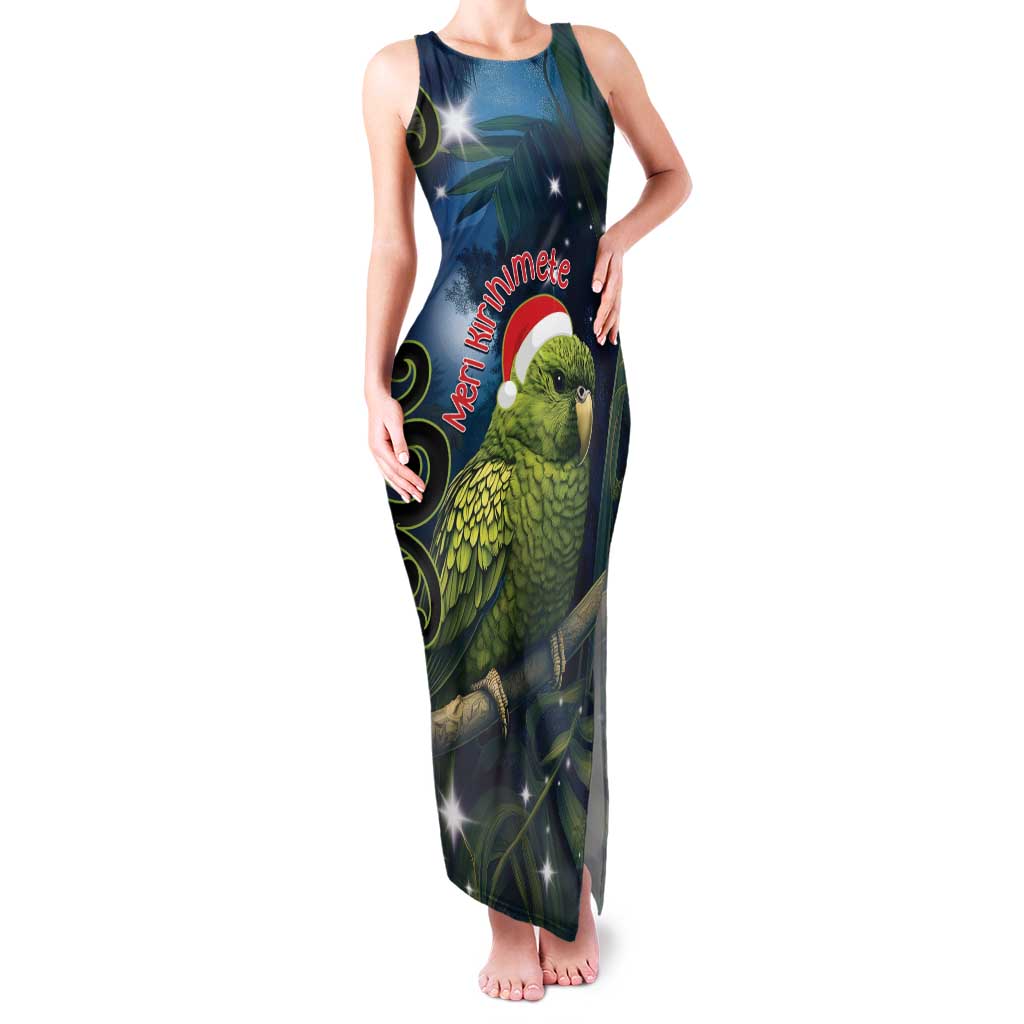New Zealand Christmas Family Matching Tank Maxi Dress and Hawaiian Shirt Cute Kakapo Meri Kirihimete Maori Koru LT14 Mom's Dress Blue - Polynesian Pride