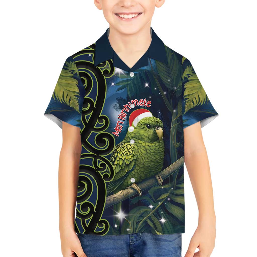 New Zealand Christmas Family Matching Tank Maxi Dress and Hawaiian Shirt Cute Kakapo Meri Kirihimete Maori Koru LT14 Son's Shirt Blue - Polynesian Pride