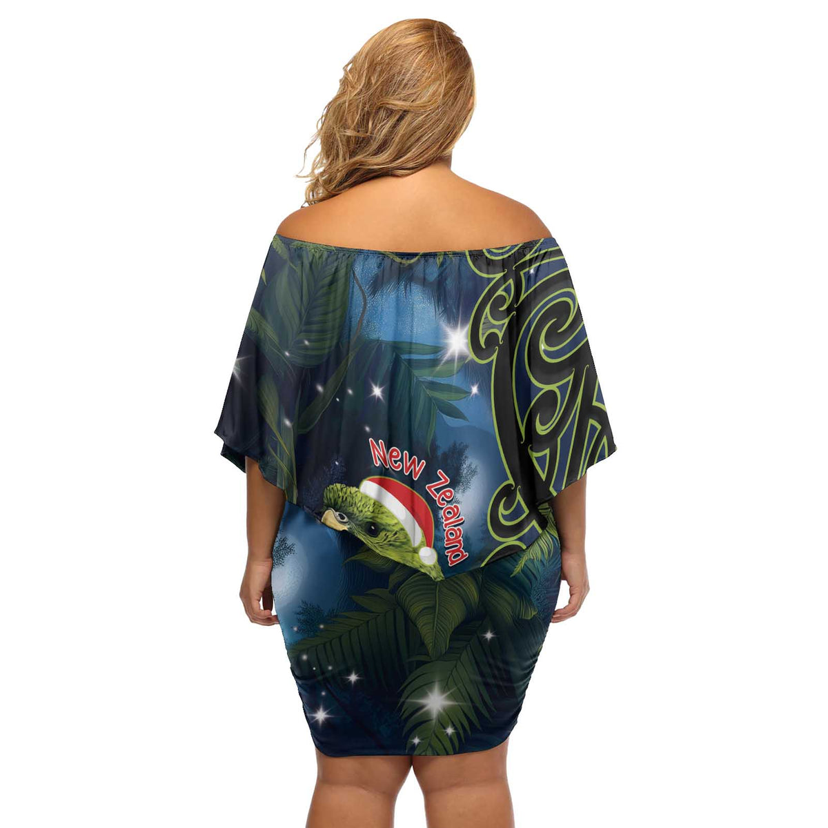 New Zealand Christmas Off Shoulder Short Dress Cute Kakapo Meri Kirihimete Maori Koru LT14 - Polynesian Pride