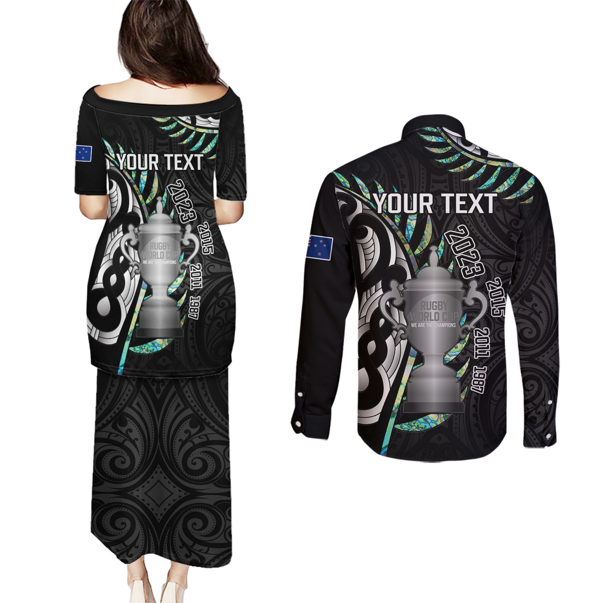 Personalised New Zealand Silver Fern Rugby Couples Matching Puletasi Dress and Long Sleeve Button Shirt Paua Shell With Champions Trophy History NZ Forever LT14 - Polynesian Pride
