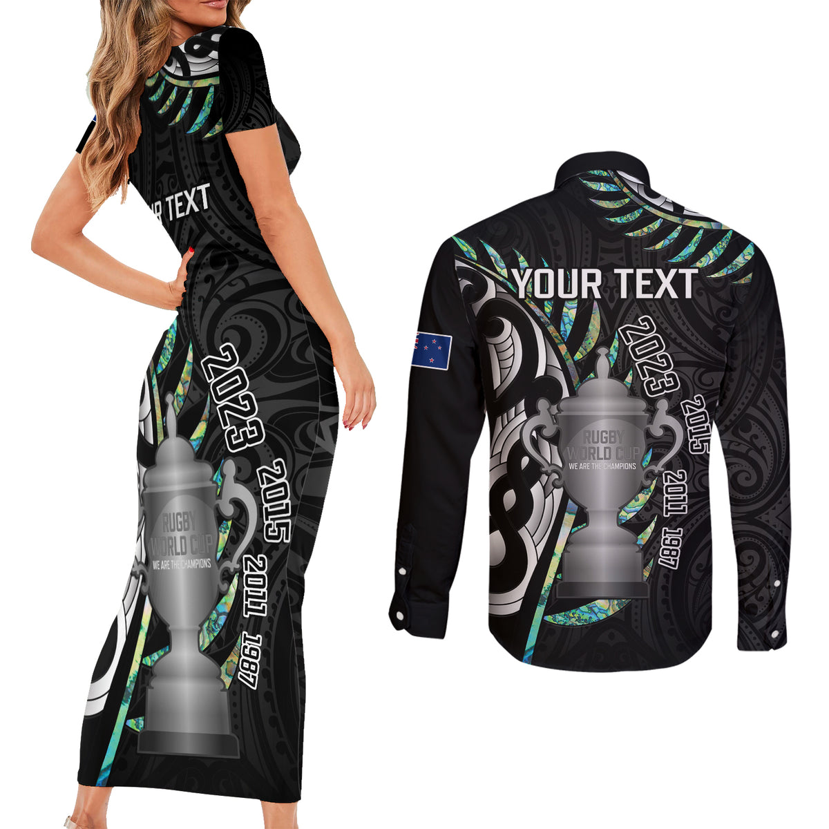 Personalised New Zealand Silver Fern Rugby Couples Matching Short Sleeve Bodycon Dress and Long Sleeve Button Shirt Paua Shell With Champions Trophy History NZ Forever LT14 - Polynesian Pride