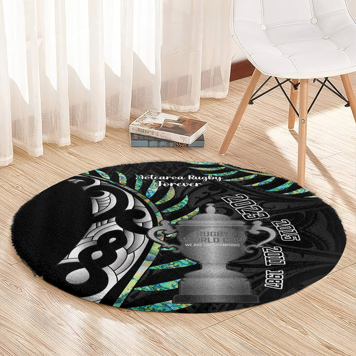 Personalised New Zealand Silver Fern Rugby Round Carpet Paua Shell With Champions Trophy History NZ Forever LT14 - Polynesian Pride