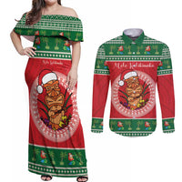 Personalized Hawaii Christmas Couples Matching Off Shoulder Maxi Dress and Long Sleeve Button Shirt Tiki Santa Mele Kalikimaka