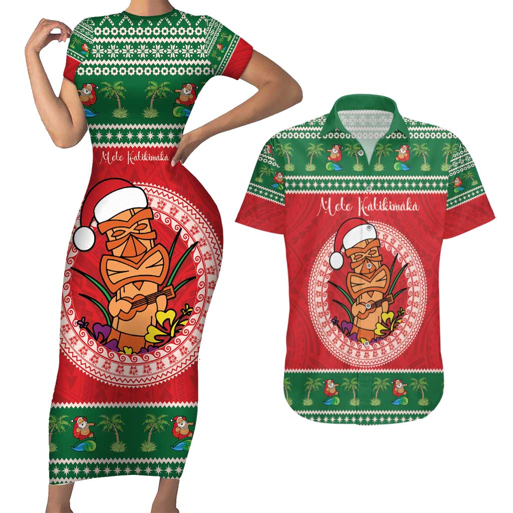 Personalized Hawaii Christmas Couples Matching Short Sleeve Bodycon Dress and Hawaiian Shirt Tiki Santa Mele Kalikimaka