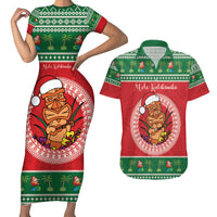 Personalized Hawaii Christmas Couples Matching Short Sleeve Bodycon Dress and Hawaiian Shirt Tiki Santa Mele Kalikimaka