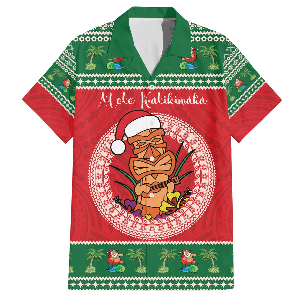 Personalized Hawaii Christmas Family Matching Off The Shoulder Long Sleeve Dress and Hawaiian Shirt Tiki Santa Mele Kalikimaka