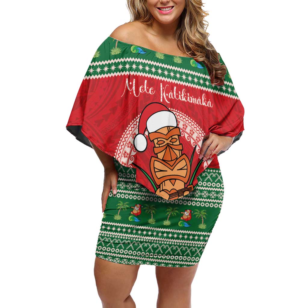 Personalized Hawaii Christmas Off Shoulder Short Dress Tiki Santa Mele Kalikimaka