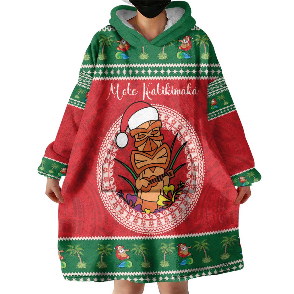Personalized Hawaii Christmas Wearable Blanket Hoodie Tiki Santa Mele Kalikimaka