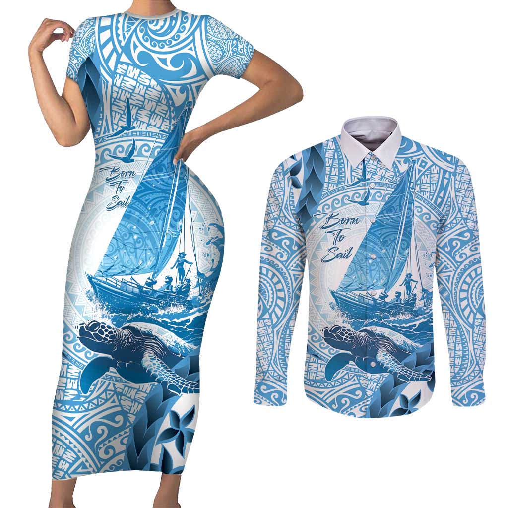 New Zealand Sailing Couples Matching Short Sleeve Bodycon Dress and Long Sleeve Button Shirt Aotearoa Yacht Racing - Born To Sail LT14 Blue - Polynesian Pride