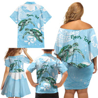 Personalised Polynesia Valentine's Day Family Matching Off Shoulder Short Dress and Hawaiian Shirt SeaTurtle Couple Polynesian - Fairy Sparkles Color