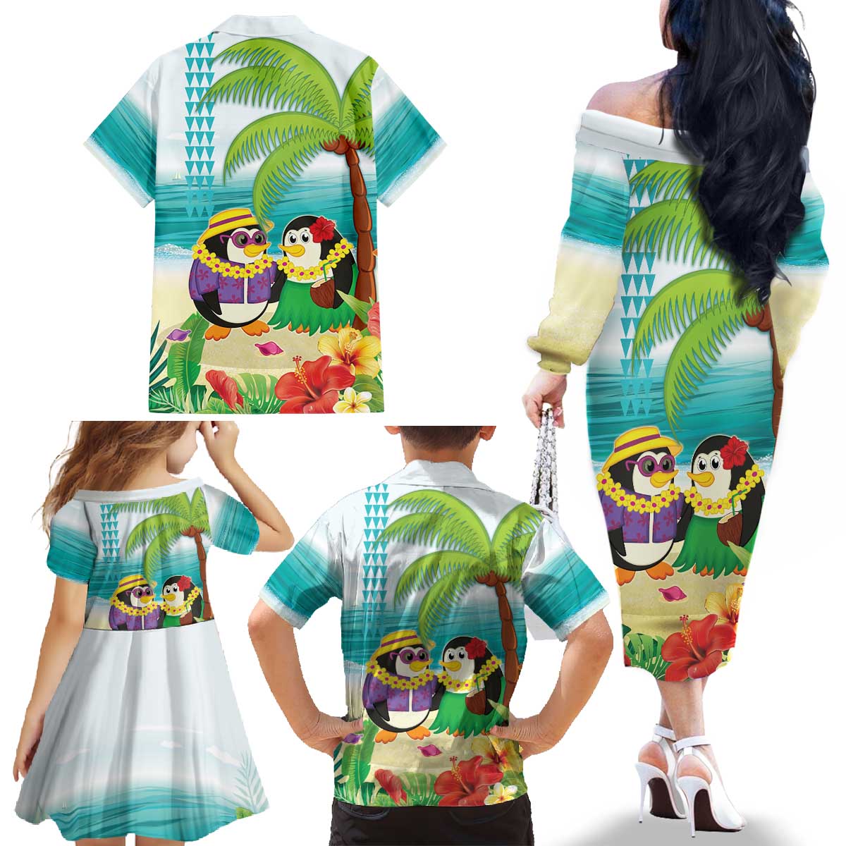 Hawaii Penguin Couple Family Matching Off The Shoulder Long Sleeve Dress and Hawaiian Shirt Hawaiian Kakau - Tropical Summer Vibes