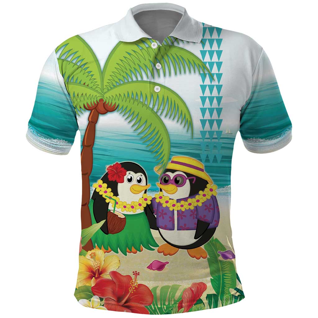 Hawaii Penguin Couple Polo Shirt Hawaiian Kakau - Tropical Summer Vibes LT14 Cyan - Polynesian Pride