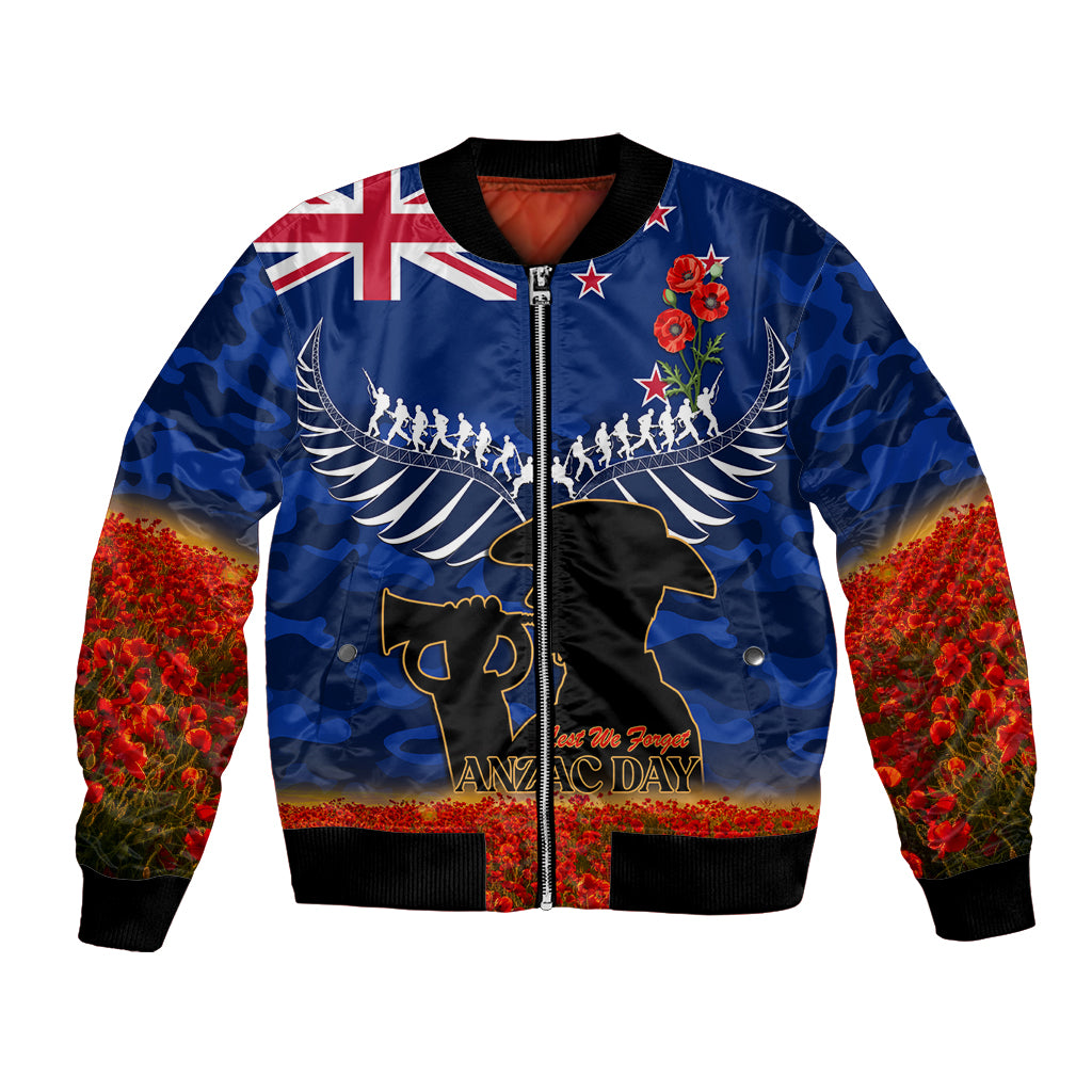 New Zealand ANZAC Day Bomber Jacket 25 April Last Post Camouflage With Poppies LT14 Unisex Blue - Polynesian Pride