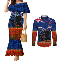 New Zealand ANZAC Day Couples Matching Mermaid Dress and Long Sleeve Button Shirt 25 April Last Post Camouflage With Poppies LT14 Blue - Polynesian Pride