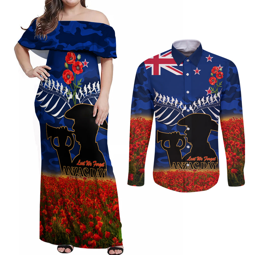 New Zealand ANZAC Day Couples Matching Off Shoulder Maxi Dress and Long Sleeve Button Shirt 25 April Last Post Camouflage With Poppies LT14 Blue - Polynesian Pride
