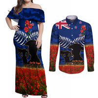 New Zealand ANZAC Day Couples Matching Off Shoulder Maxi Dress and Long Sleeve Button Shirt 25 April Last Post Camouflage With Poppies LT14 Blue - Polynesian Pride
