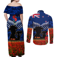New Zealand ANZAC Day Couples Matching Off Shoulder Maxi Dress and Long Sleeve Button Shirt 25 April Last Post Camouflage With Poppies LT14 - Polynesian Pride