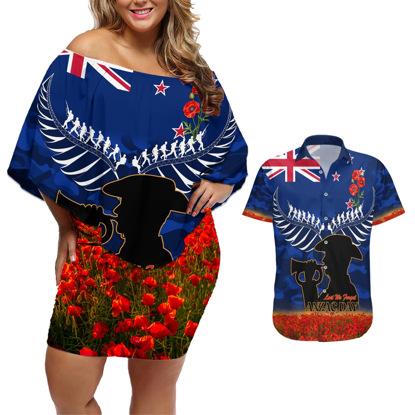 New Zealand ANZAC Day Couples Matching Off Shoulder Short Dress and Hawaiian Shirt 25 April Last Post Camouflage With Poppies LT14 Blue - Polynesian Pride