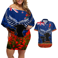 New Zealand ANZAC Day Couples Matching Off Shoulder Short Dress and Hawaiian Shirt 25 April Last Post Camouflage With Poppies LT14 Blue - Polynesian Pride