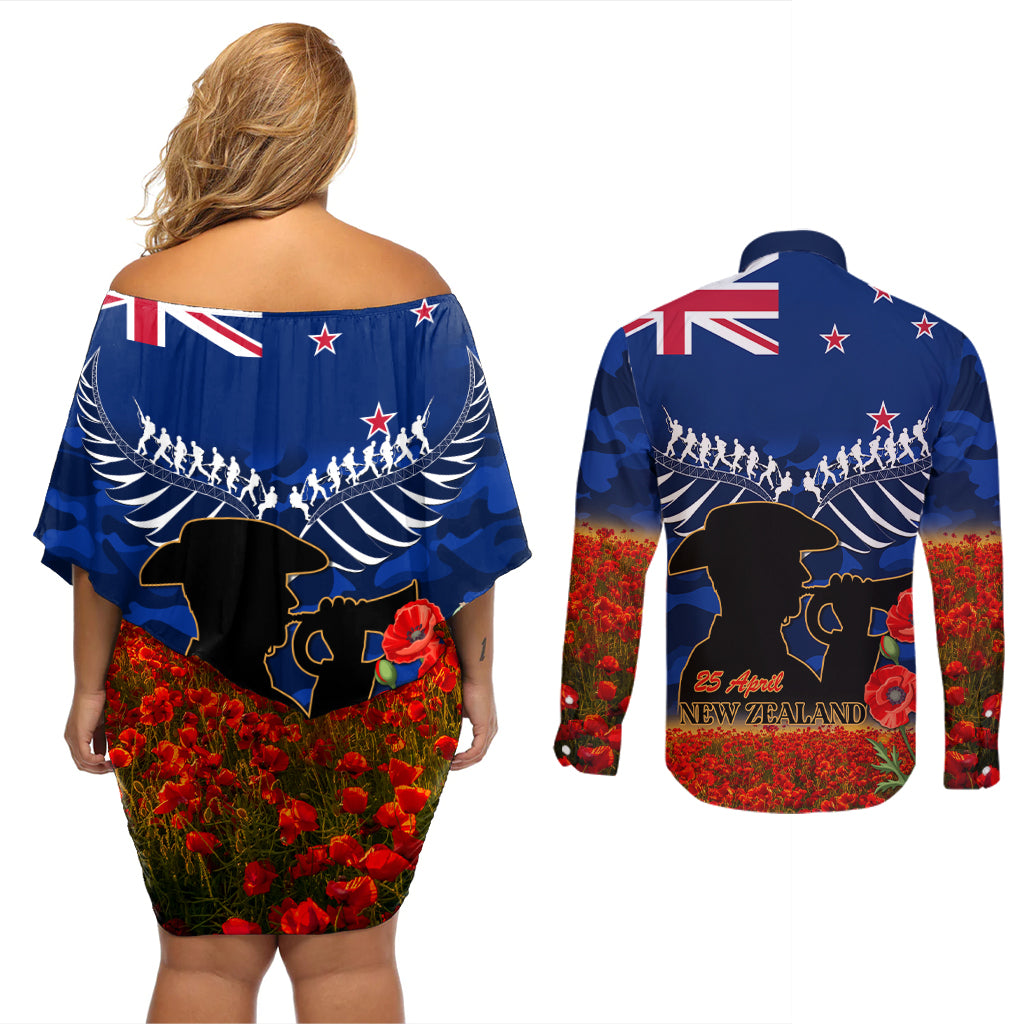 New Zealand ANZAC Day Couples Matching Off Shoulder Short Dress and Long Sleeve Button Shirt 25 April Last Post Camouflage With Poppies LT14 - Polynesian Pride