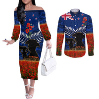 New Zealand ANZAC Day Couples Matching Off The Shoulder Long Sleeve Dress and Long Sleeve Button Shirt 25 April Last Post Camouflage With Poppies LT14 Blue - Polynesian Pride