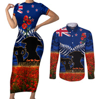 New Zealand ANZAC Day Couples Matching Short Sleeve Bodycon Dress and Long Sleeve Button Shirt 25 April Last Post Camouflage With Poppies LT14 Blue - Polynesian Pride