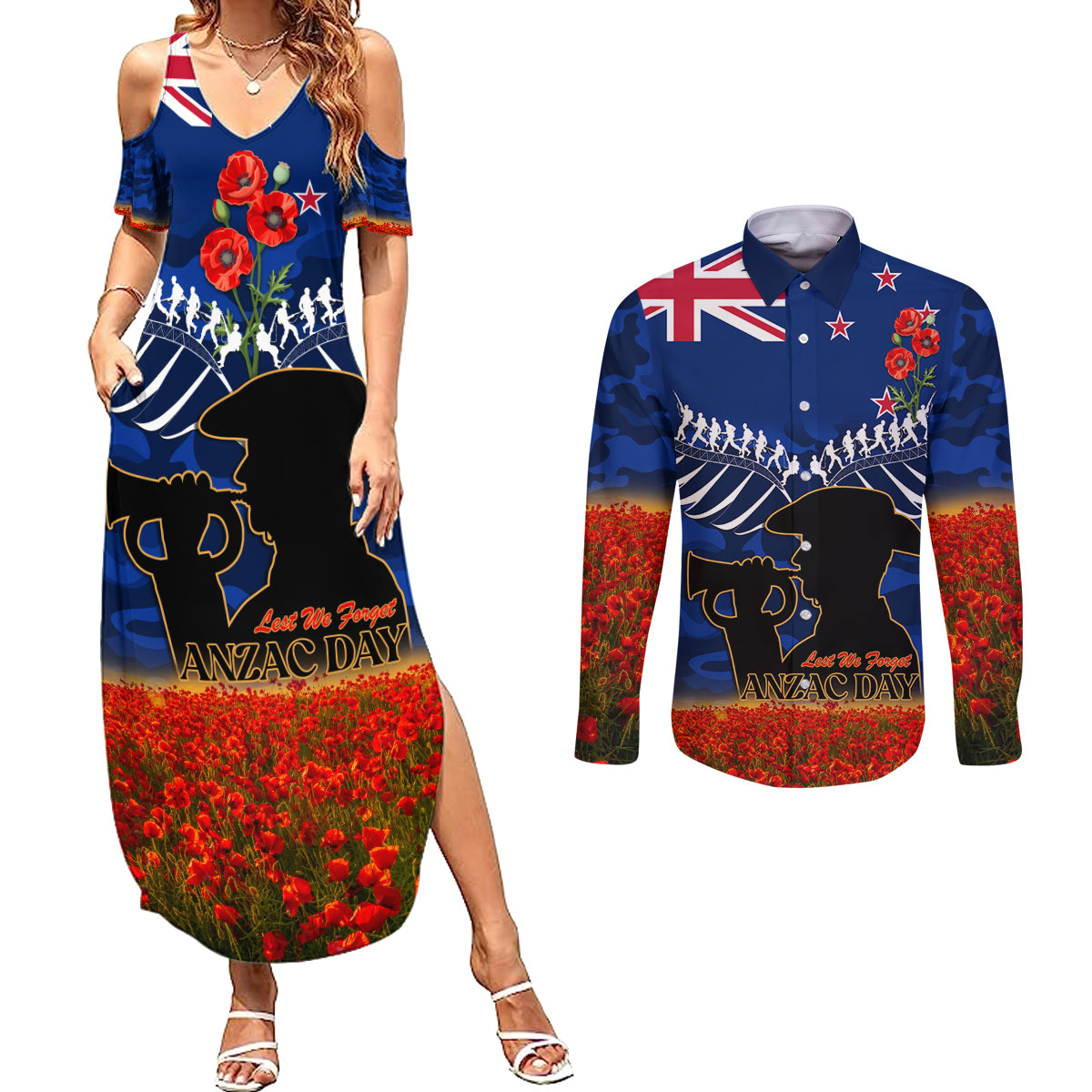 New Zealand ANZAC Day Couples Matching Summer Maxi Dress and Long Sleeve Button Shirt 25 April Last Post Camouflage With Poppies LT14 Blue - Polynesian Pride