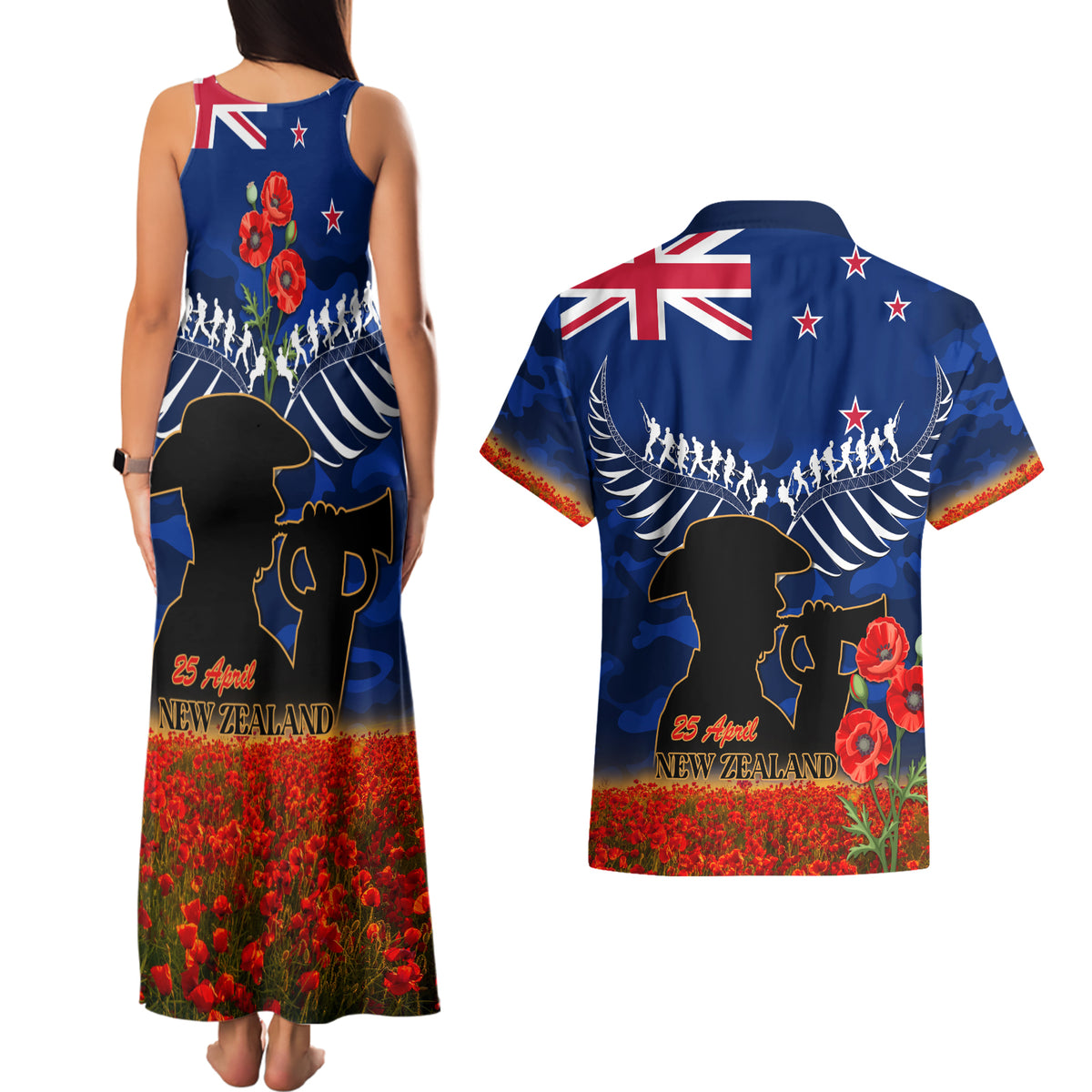 New Zealand ANZAC Day Couples Matching Tank Maxi Dress and Hawaiian Shirt 25 April Last Post Camouflage With Poppies LT14 - Polynesian Pride