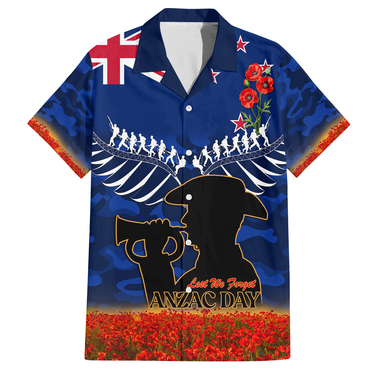 New Zealand ANZAC Day Family Matching Off Shoulder Long Sleeve Dress and Hawaiian Shirt 25 April Last Post Camouflage With Poppies LT14 Dad's Shirt - Short Sleeve Blue - Polynesian Pride