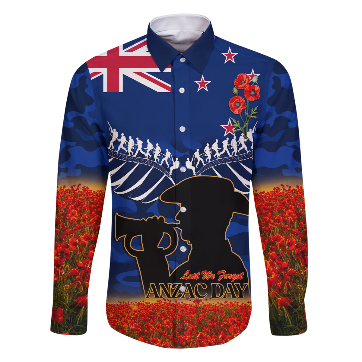 New Zealand ANZAC Day Family Matching Off Shoulder Short Dress and Hawaiian Shirt 25 April Last Post Camouflage With Poppies LT14 Dad's Shirt - Long Sleeve Blue - Polynesian Pride