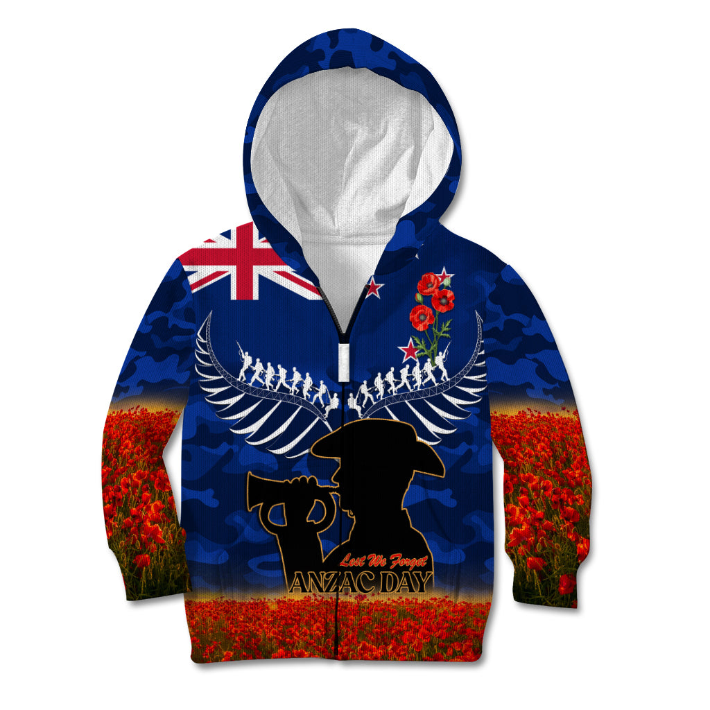 New Zealand ANZAC Day Kid Hoodie 25 April Last Post Camouflage With Poppies LT14 Zip Hoodie Blue - Polynesian Pride