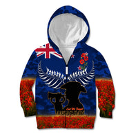 New Zealand ANZAC Day Kid Hoodie 25 April Last Post Camouflage With Poppies LT14 Zip Hoodie Blue - Polynesian Pride