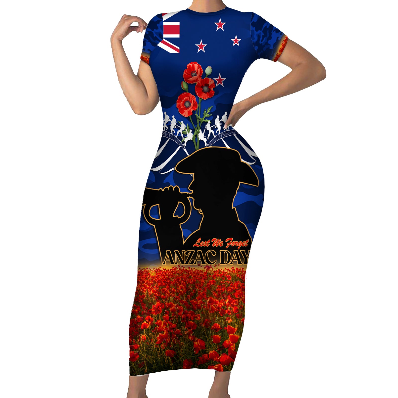 New Zealand ANZAC Day Short Sleeve Bodycon Dress 25 April Last Post Camouflage With Poppies LT14 Long Dress Blue - Polynesian Pride