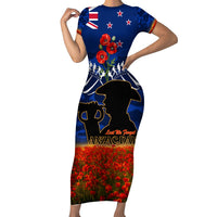 New Zealand ANZAC Day Short Sleeve Bodycon Dress 25 April Last Post Camouflage With Poppies LT14 Long Dress Blue - Polynesian Pride